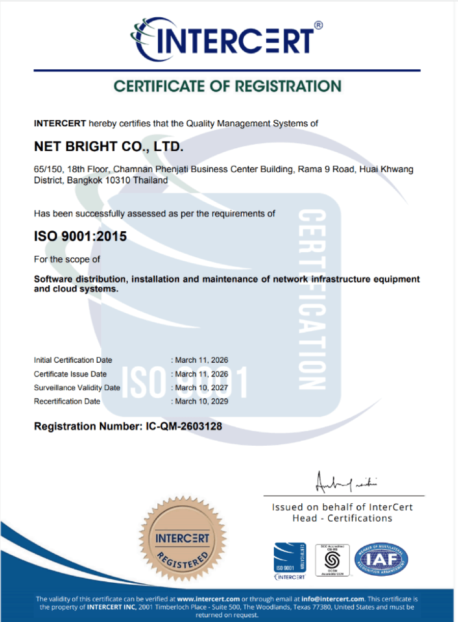 ใบรับรองมาตรฐาน ISO 9001:2015 ของบริษัท เน็ต ไบร์ท จำกัด ออกโดย INTERCERT