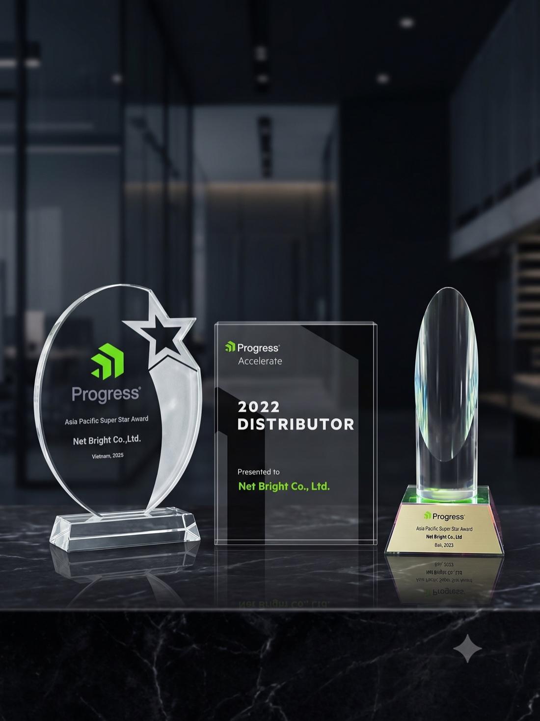 Progress Software awards presented to Net Bright — Asia Pacific Super Star Award (Vietnam 2025, Bali 2023) and Progress Accelerate 2022 Distributor